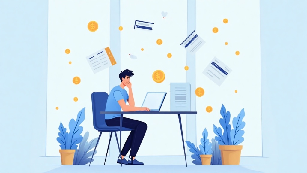 Ilustración editorial de una persona adulta reflexionando frente a símbolos de dinero y educación.