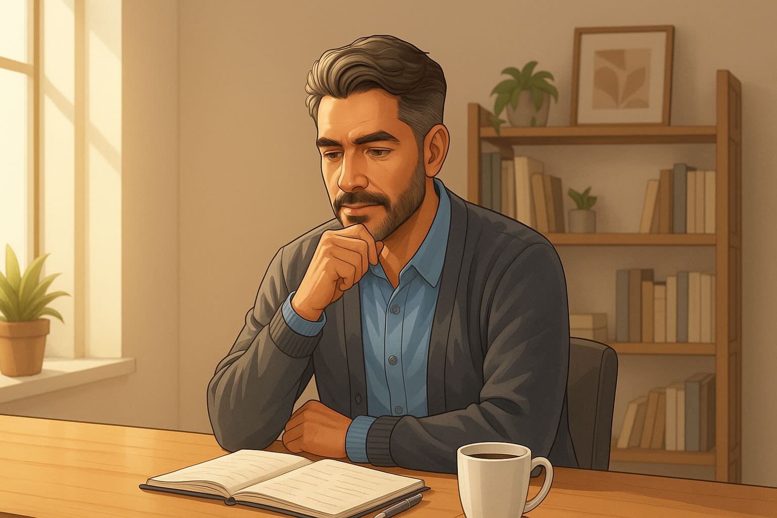 Ilustración 2D de hombre latinoamericano reflexionando sobre su situación financiera con fondo cálido