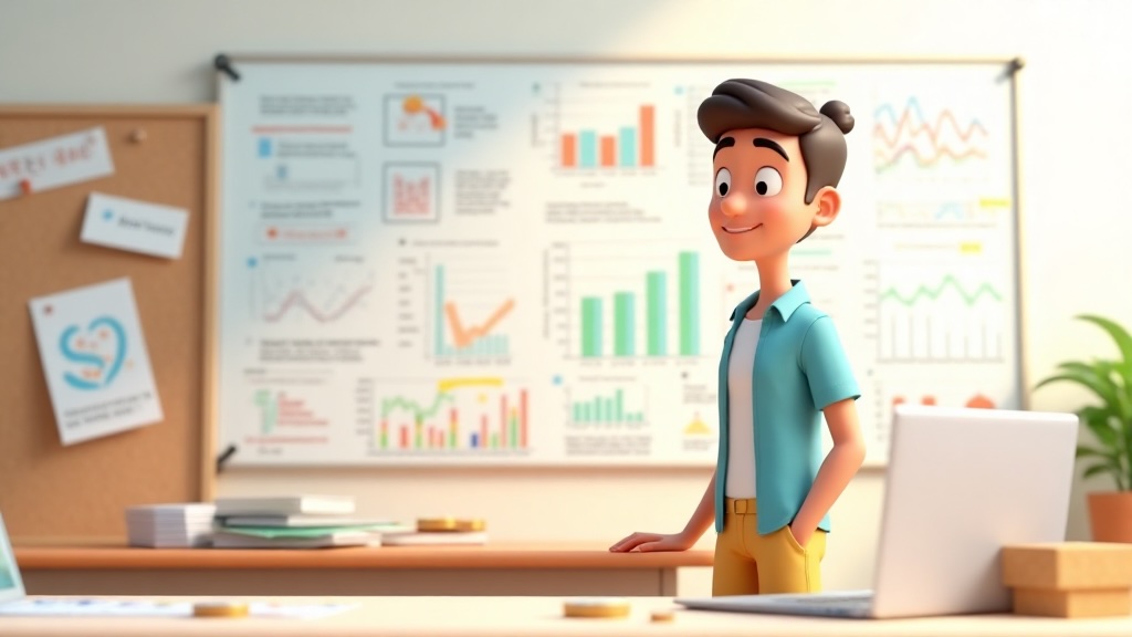 Ilustración 3D de una persona de pie frente a un pizarrón con gráficas financieras, sobres y recibos, representando el control consciente del dinero