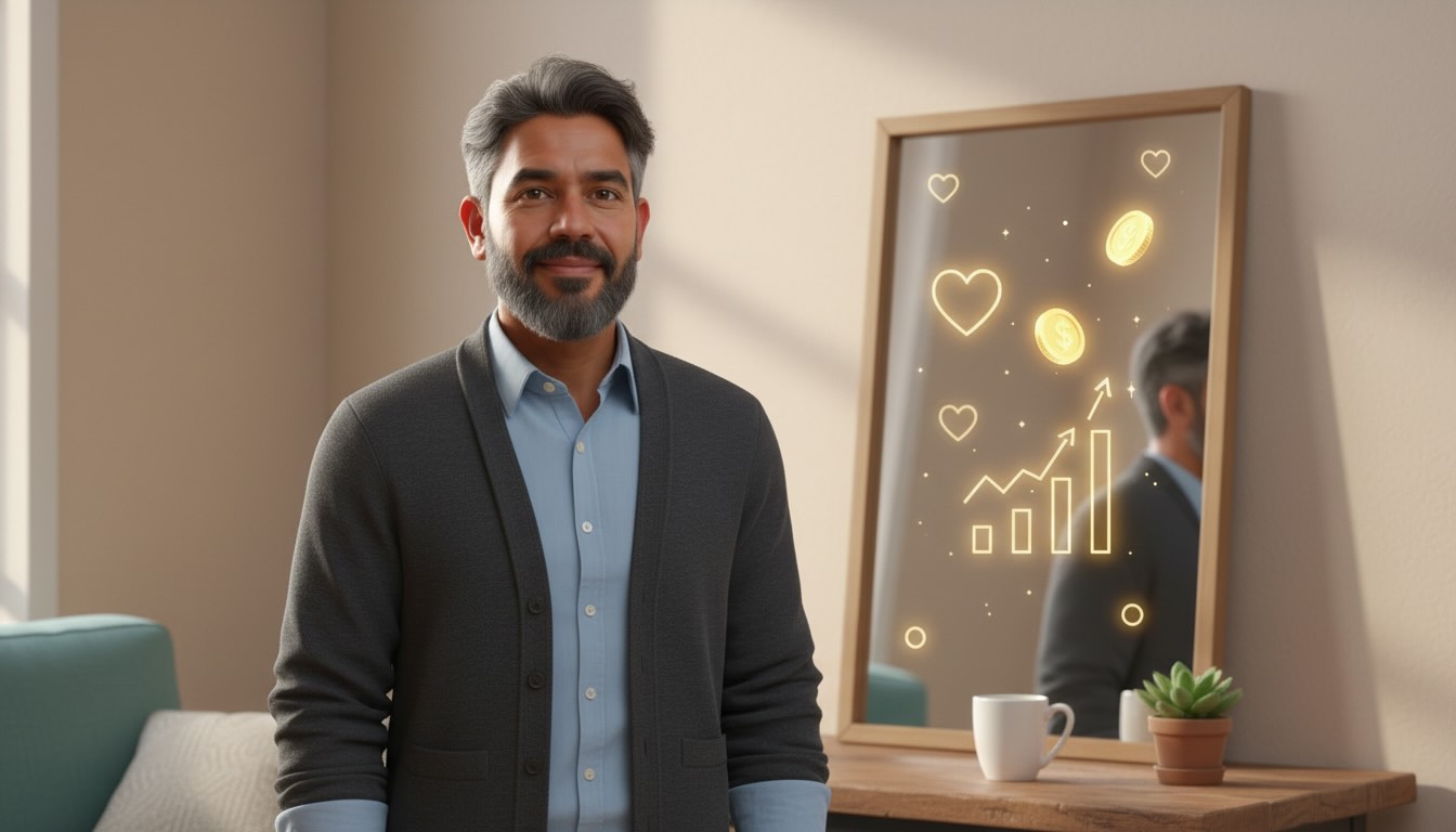 Ilustración 3D de una persona frente a un espejo que refleja símbolos de dinero y equilibrio emocional, representando la conexión entre autoestima y finanzas.