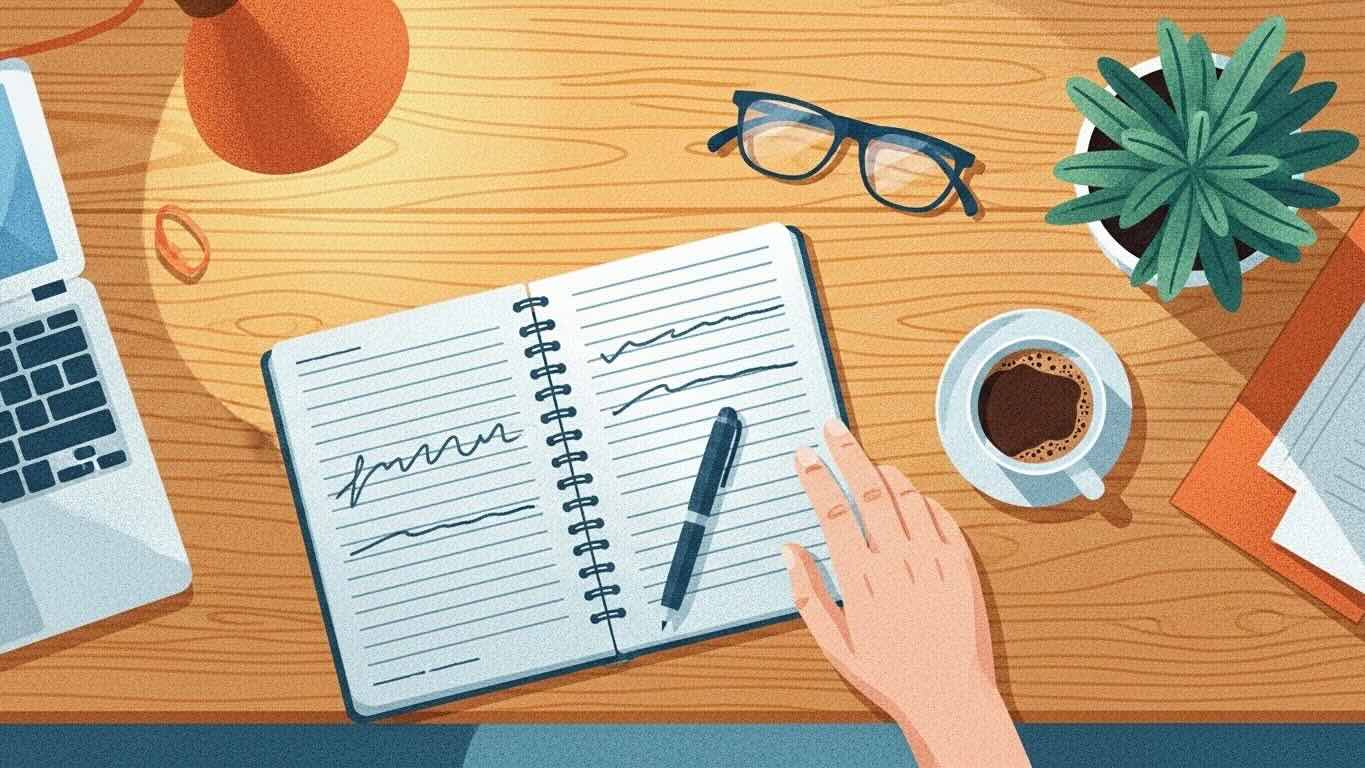 Ilustración de una libreta abierta y una taza de café, representando un método de presupuesto manual y sencillo.