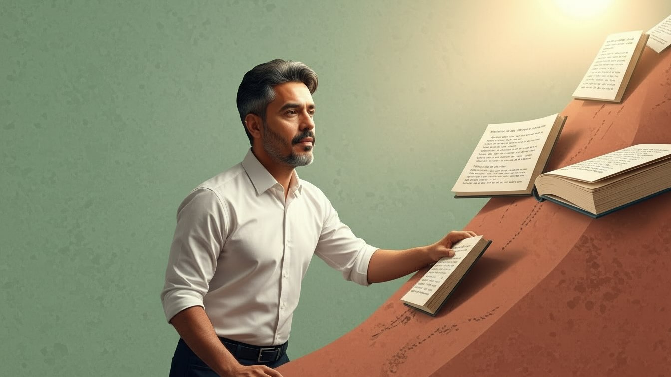 Ilustración de Ernesto Reséndiz escalando una montaña de libros, representando su historia de superación y biografía.